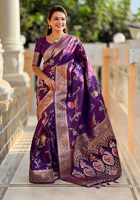 Voilet Meenakari Banarasi Silk Saree Set