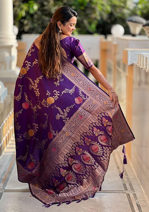 Voilet Meenakari Banarasi Silk Saree Set