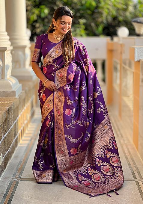 Voilet Meenakari Banarasi Silk Saree Set