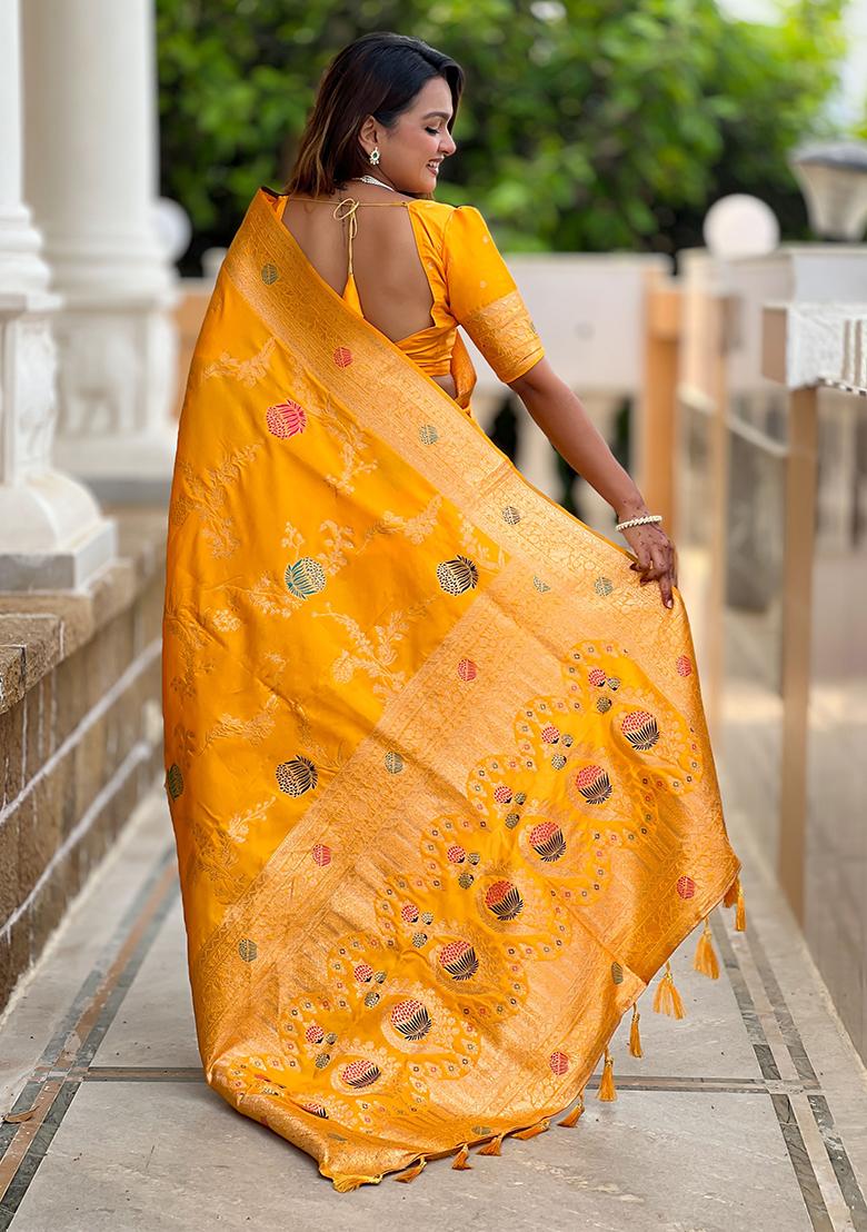 Yellow Meenakari Banarasi Silk Saree Set