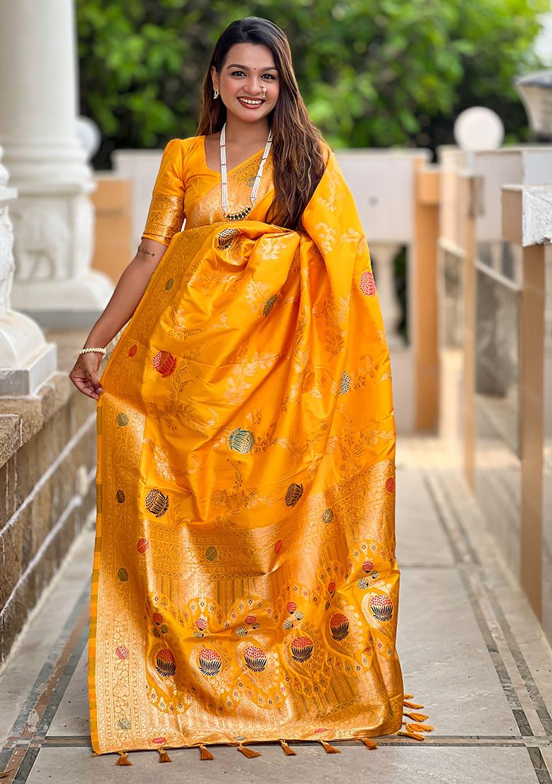 Yellow Meenakari Banarasi Silk Saree Set