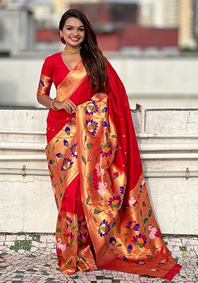 Red Meenakari Paithani Silk Saree Set