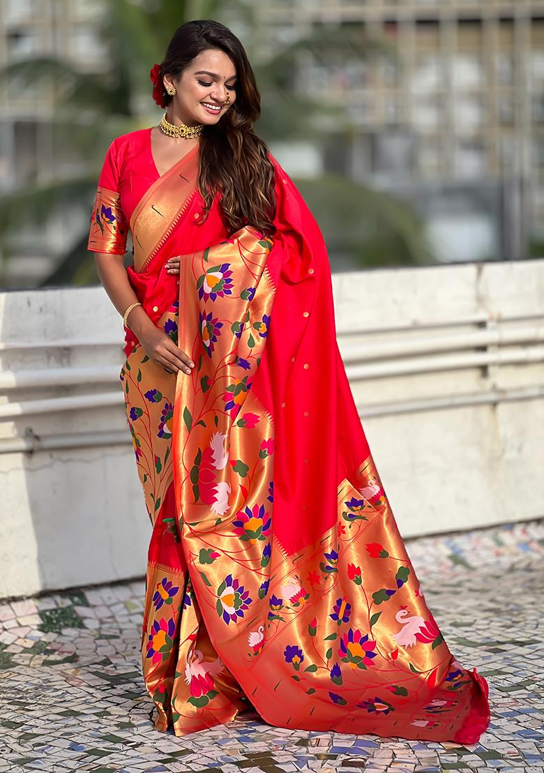 Red Meenakari Paithani Silk Saree Set
