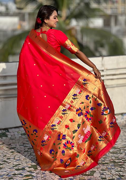 Red Meenakari Paithani Silk Saree Set