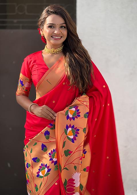 Red Meenakari Paithani Silk Saree Set