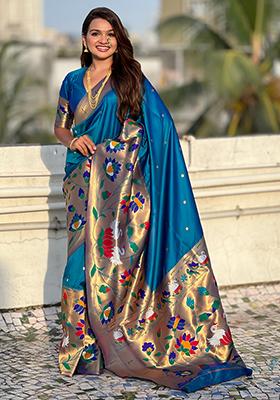 Teal Blue Meenakari Paithani Silk Saree Set