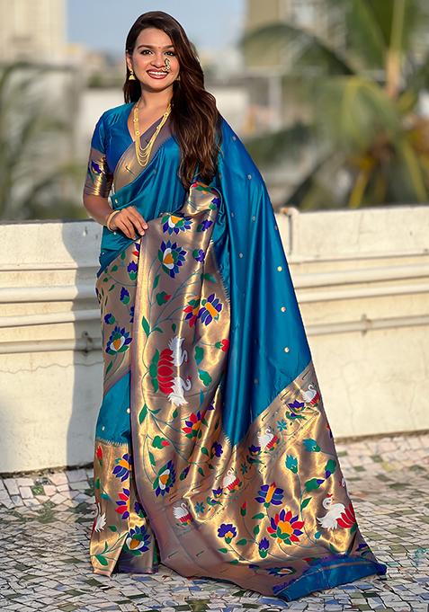 Teal Blue Meenakari Paithani Silk Saree Set