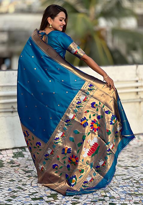 Teal Blue Meenakari Paithani Silk Saree Set