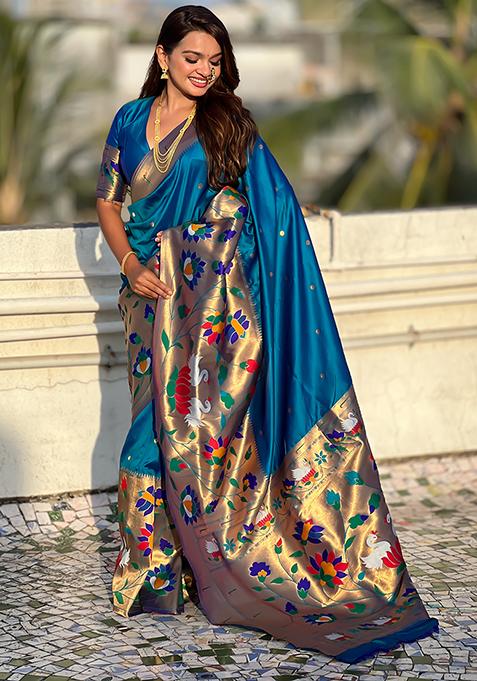 Teal Blue Meenakari Paithani Silk Saree Set