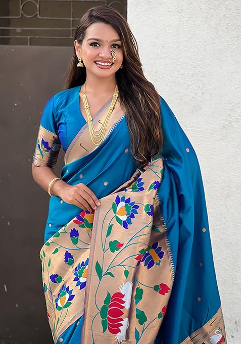 Teal Blue Meenakari Paithani Silk Saree Set