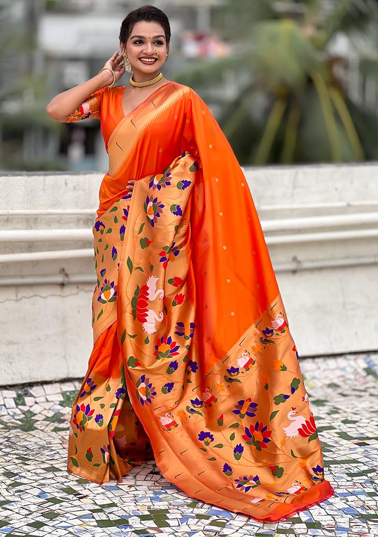 Orange Meenakari Paithani Silk Saree Set