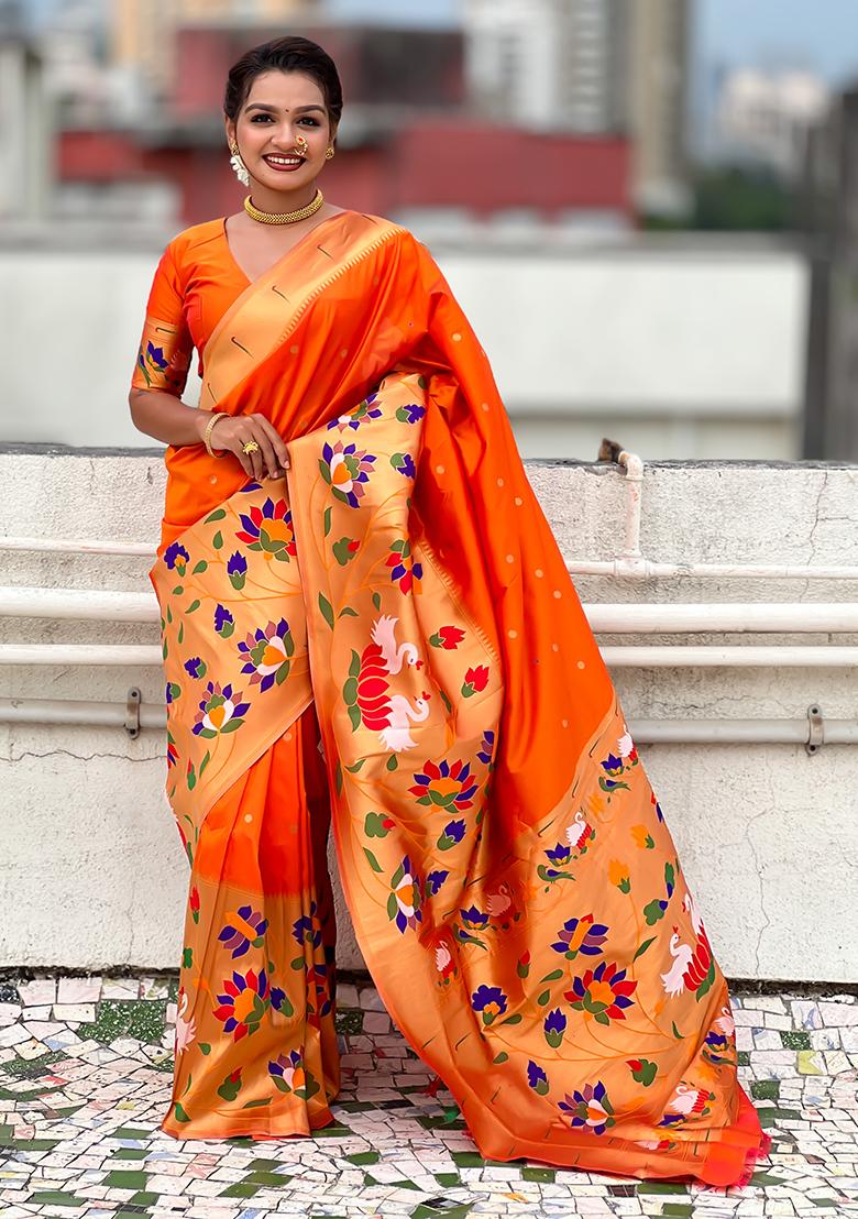 Orange Meenakari Paithani Silk Saree Set