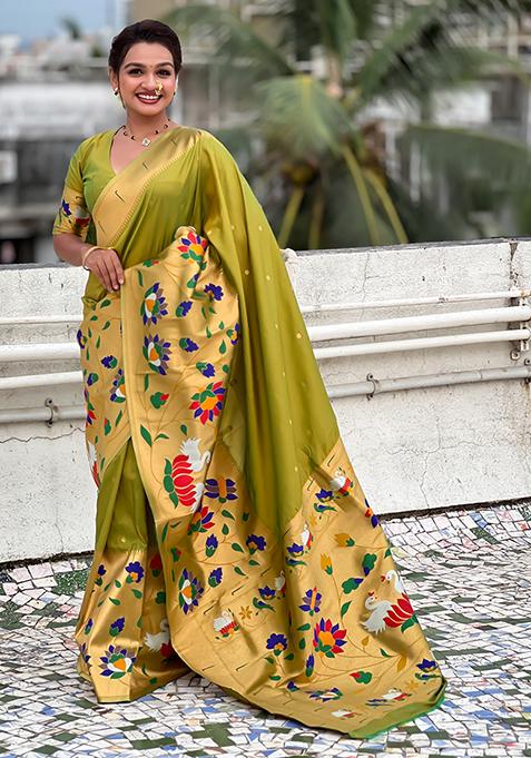 Mehendi Green Meenakari Paithani Silk Saree Set