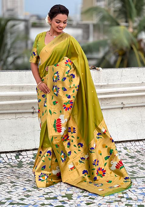 Mehendi Green Meenakari Paithani Silk Saree Set