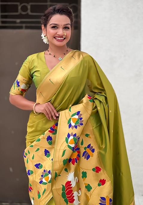 Mehendi Green Meenakari Paithani Silk Saree Set