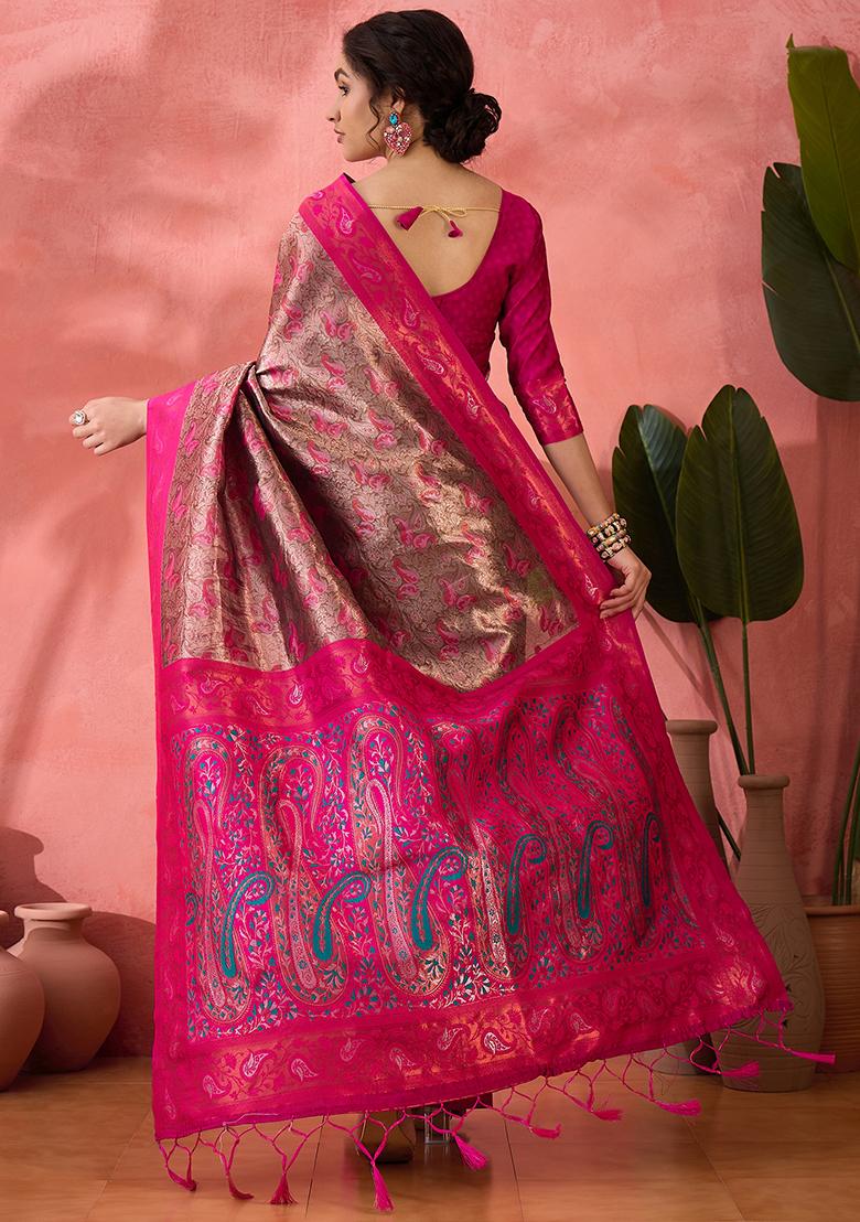 Pink Woven Silk Saree Set