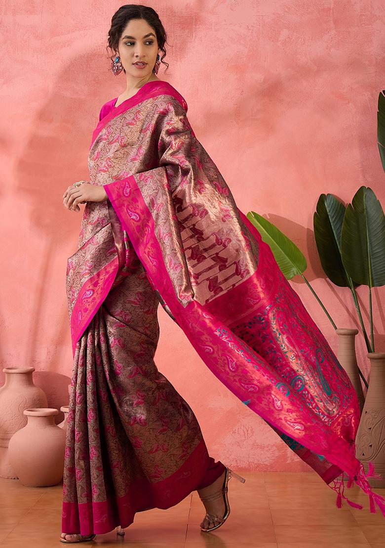 Pink Woven Silk Saree Set