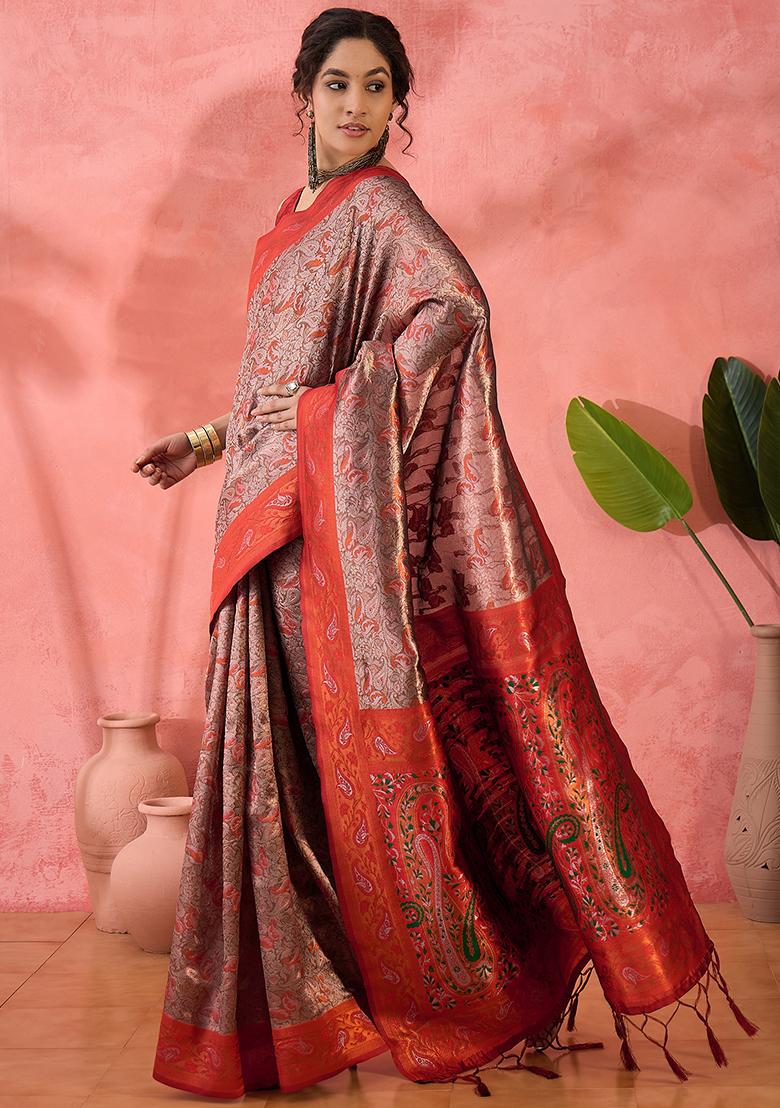 Brown Woven Silk Saree Set