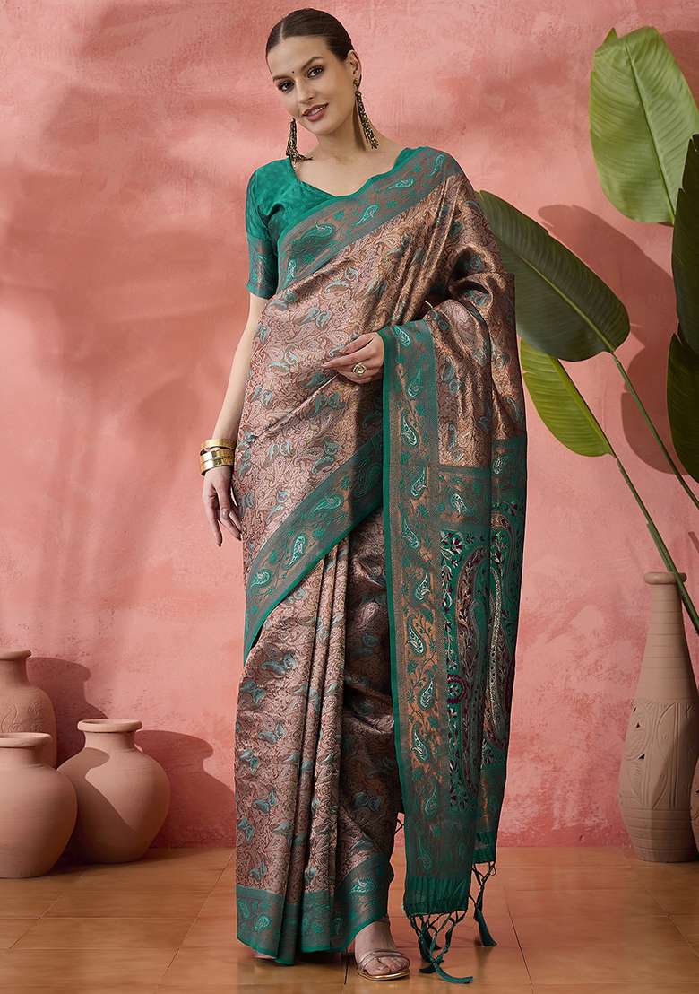 Rama Green Woven Silk Saree Set - Indya