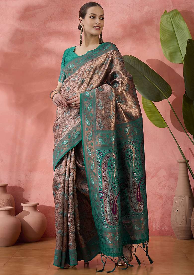 Rama Green Woven Silk Saree Set - Indya