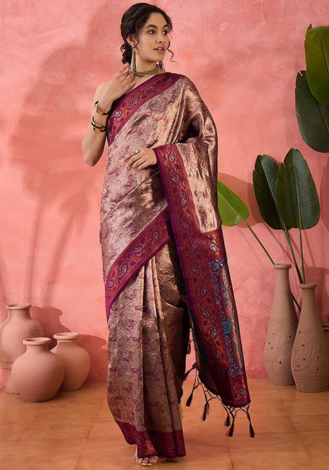 Maroon Woven Silk Saree Set