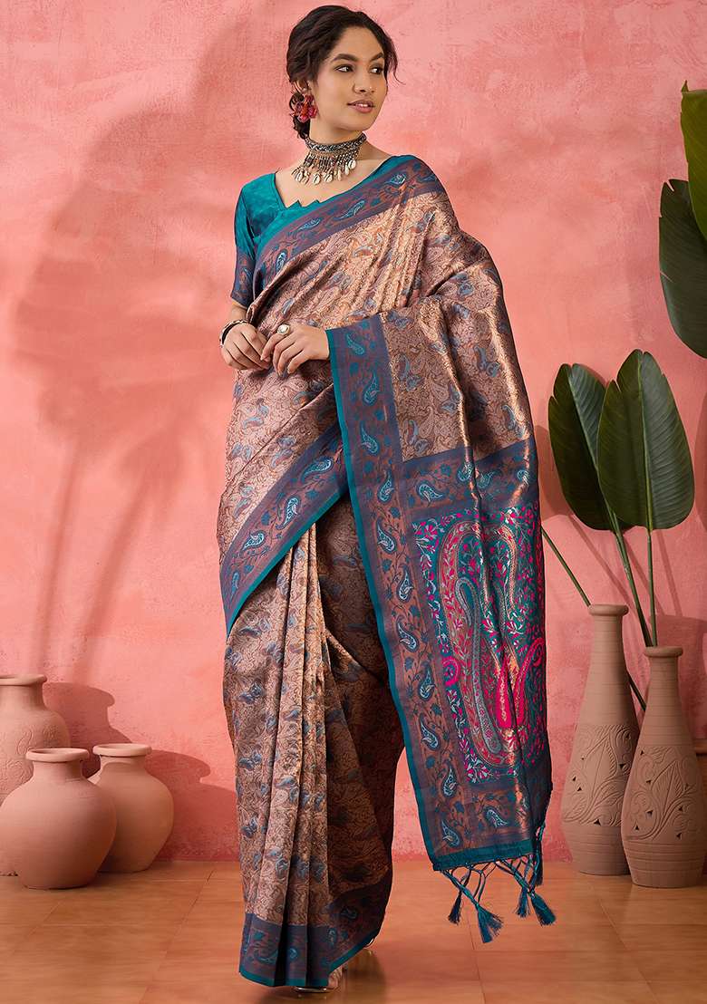 Teal Blue Woven Silk Saree Set - Indya
