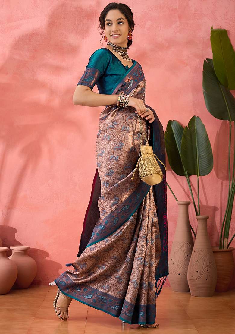 Teal Blue Woven Silk Saree Set - Indya