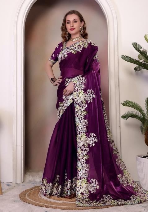 Maroon Sequin Embroidered Jimmy Choo Saree Set