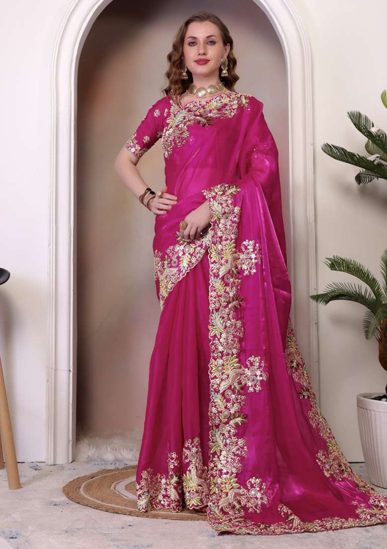 Pink Sequin Embroidered Jimmy Choo Saree Set - Indya