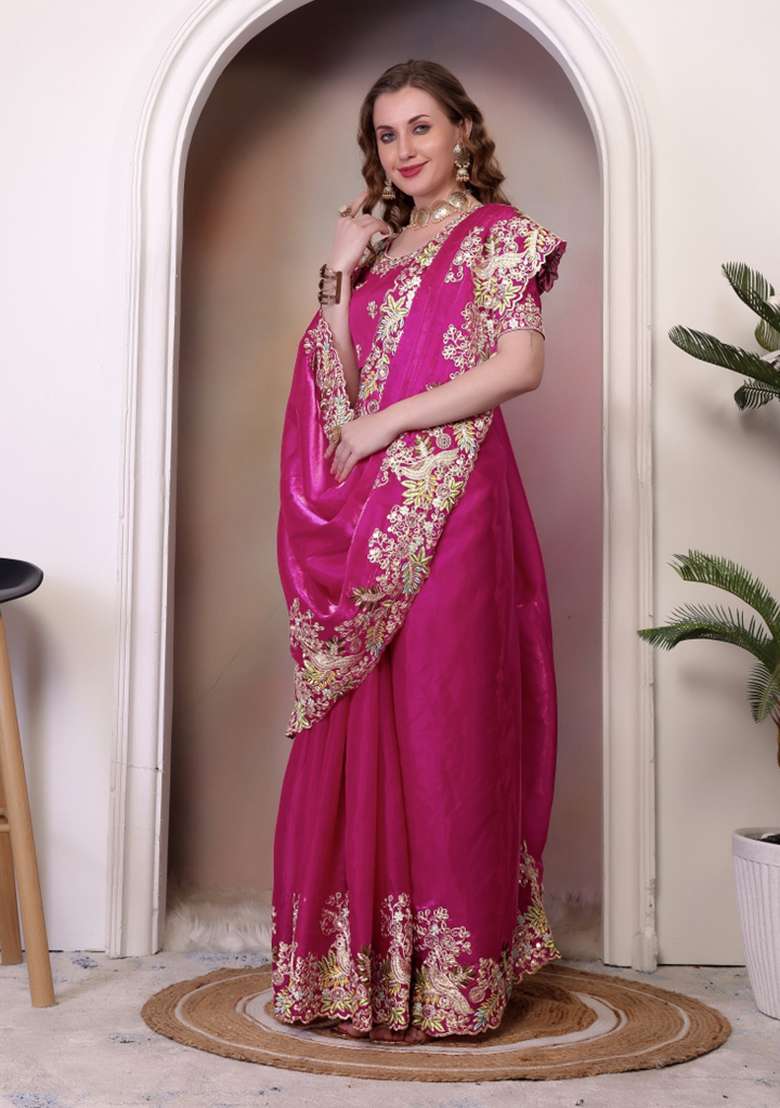 Pink Sequin Embroidered Jimmy Choo Saree Set - Indya