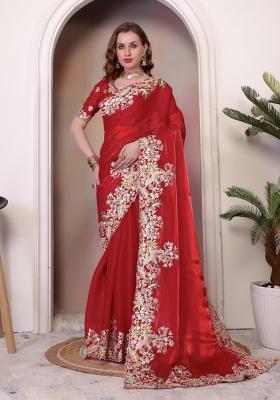 Red Sequin Embroidered Jimmy Choo Saree Set