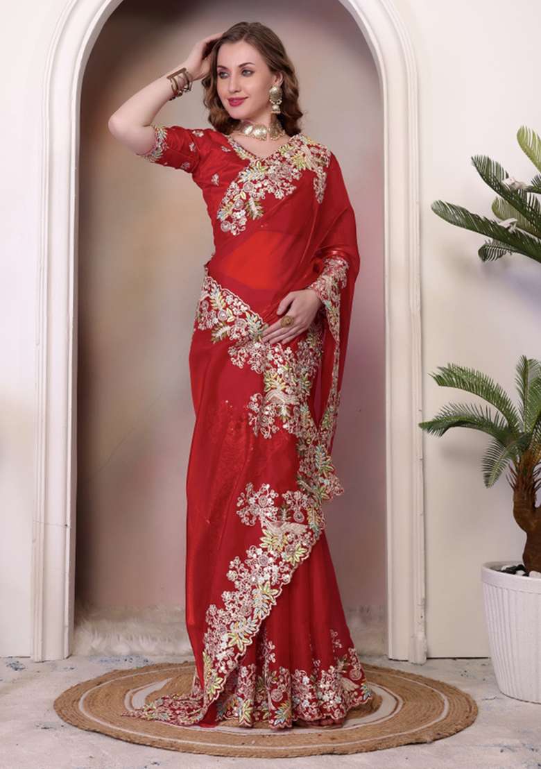 Red Sequin Embroidered Jimmy Choo Saree Set - Indya