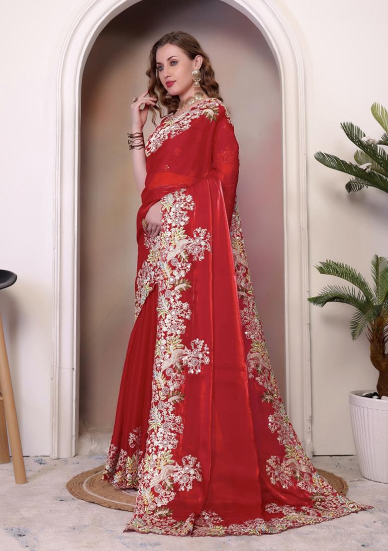 Red Sequin Embroidered Jimmy Choo Saree Set