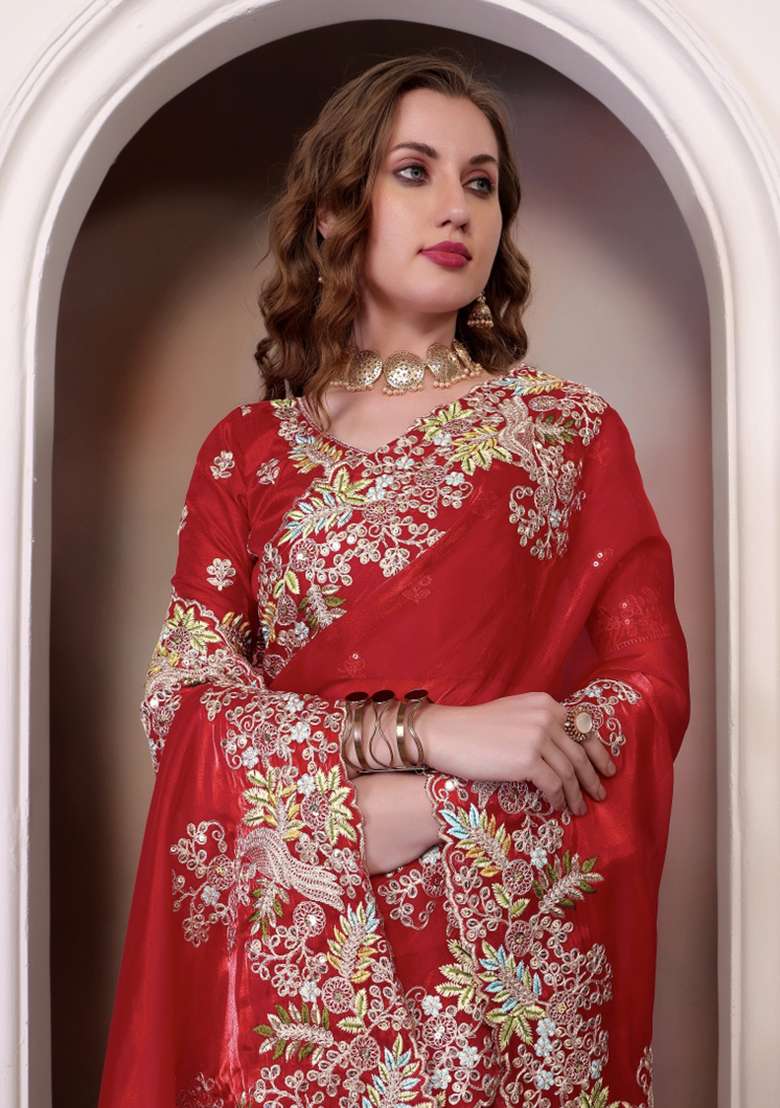 Red Sequin Embroidered Jimmy Choo Saree Set - Indya