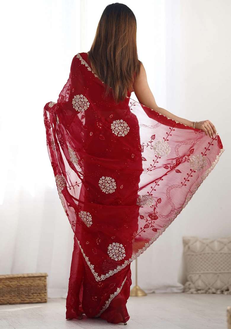 Red Sequin Embroidered Jimmy Choo Saree Set - Indya