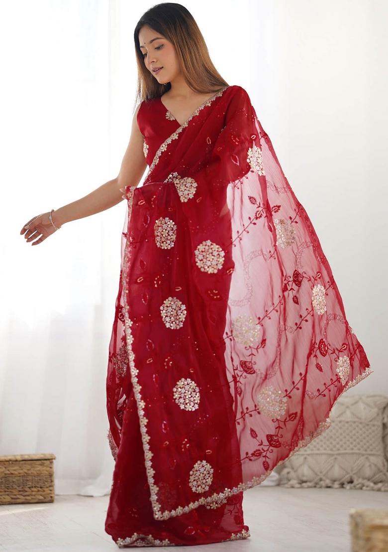 Red Sequin Embroidered Jimmy Choo Saree Set