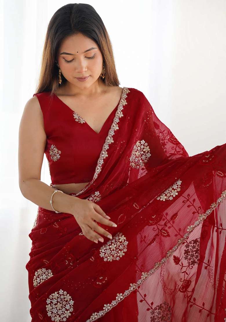 Red Sequin Embroidered Jimmy Choo Saree Set - Indya