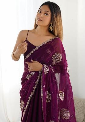 Maroon Sequin Embroidered Jimmy Choo Saree Set
