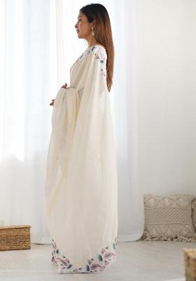 Beige Printed Vichitra Silk Saree Set