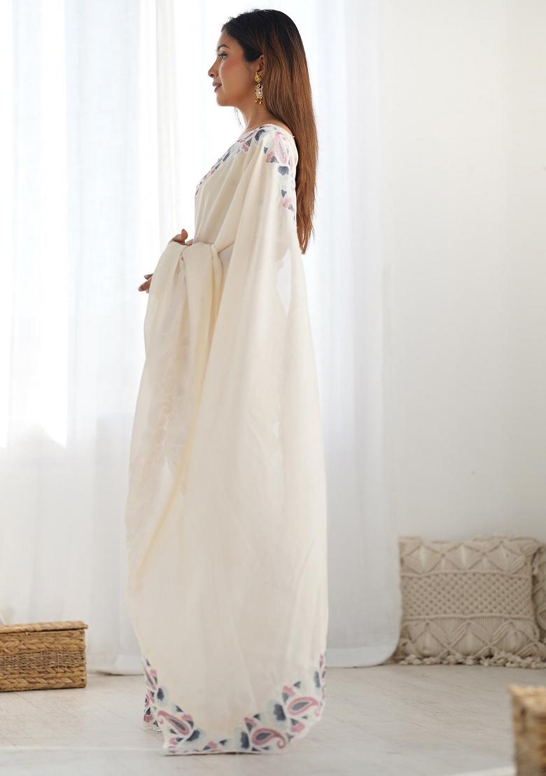 Beige Printed Vichitra Silk Saree Set