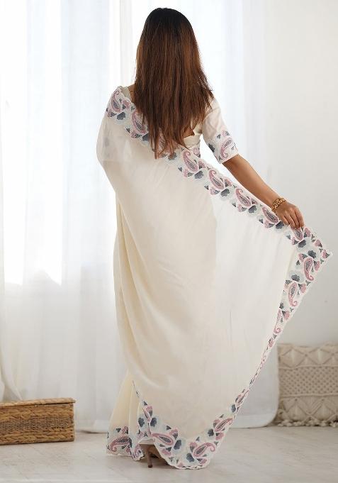 Beige Printed Vichitra Silk Saree Set