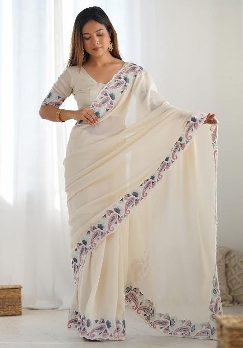 Beige Printed Vichitra Silk Saree Set