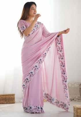 Pink Printed Vichitra Silk Saree Set