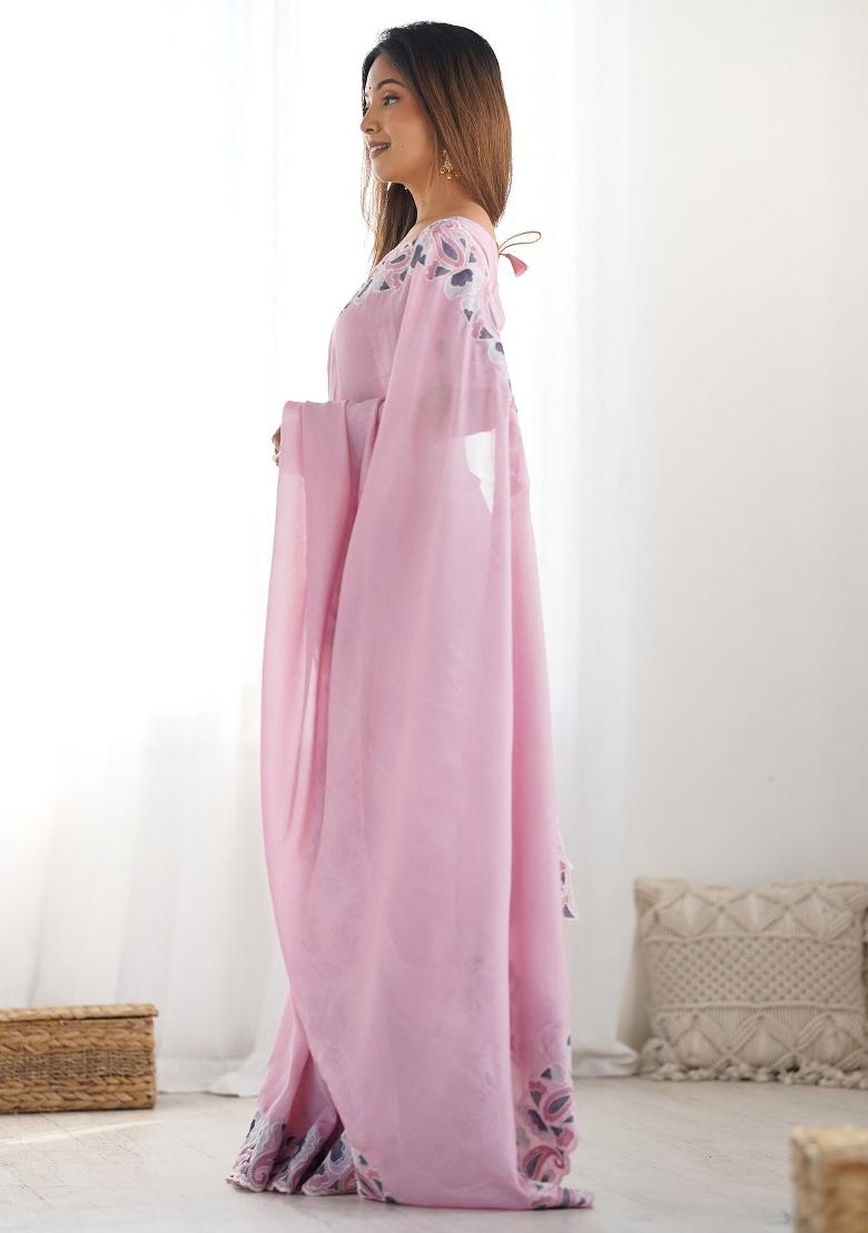 Pink Printed Vichitra Silk Saree Set