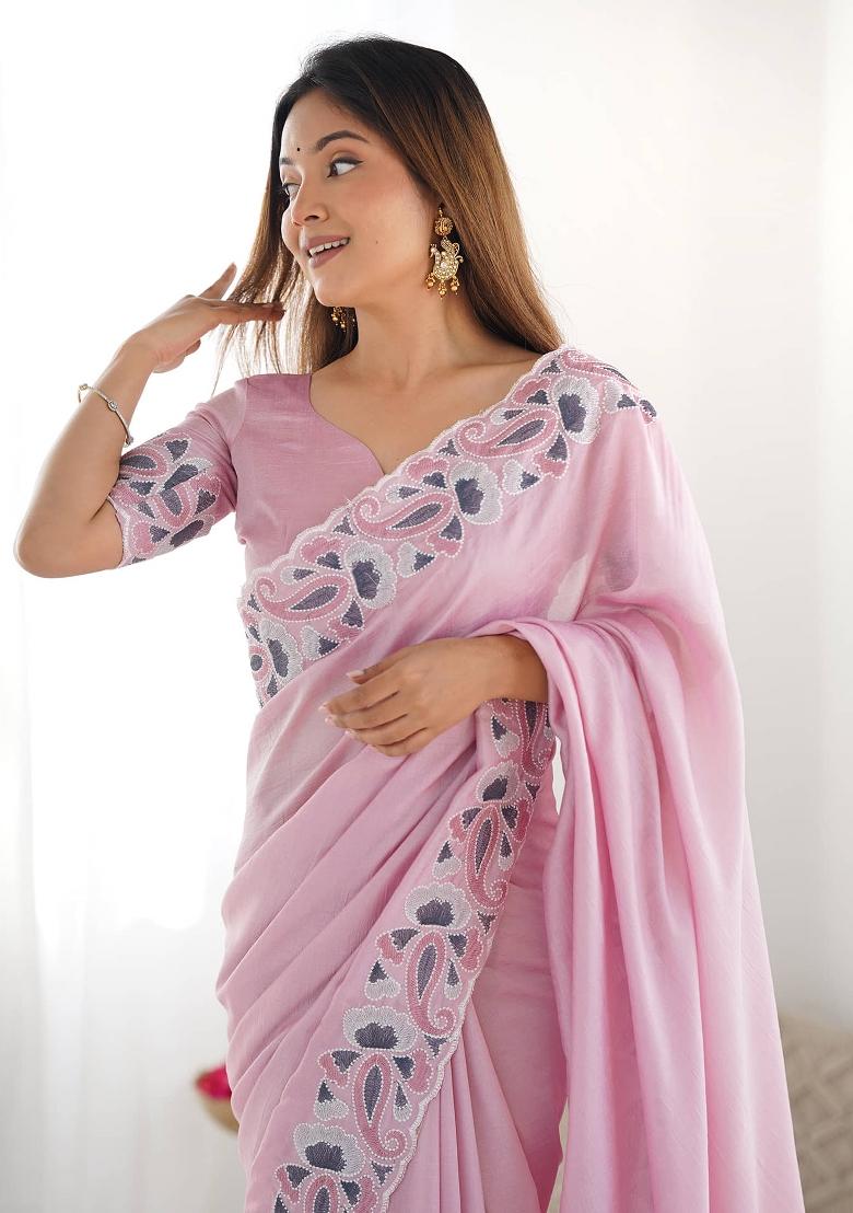Pink Printed Vichitra Silk Saree Set