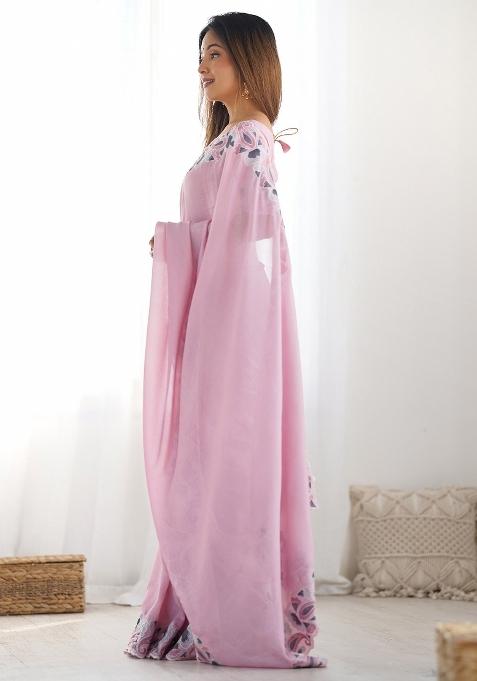 Pink Printed Vichitra Silk Saree Set