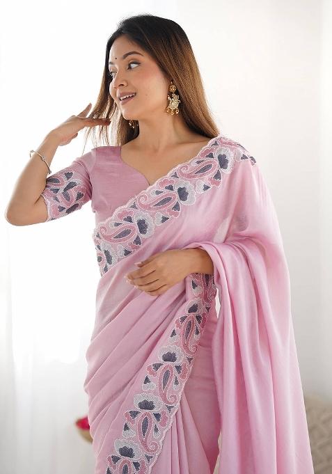Pink Printed Vichitra Silk Saree Set