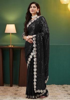 Black Sequin Embroidered Georgette Saree Set