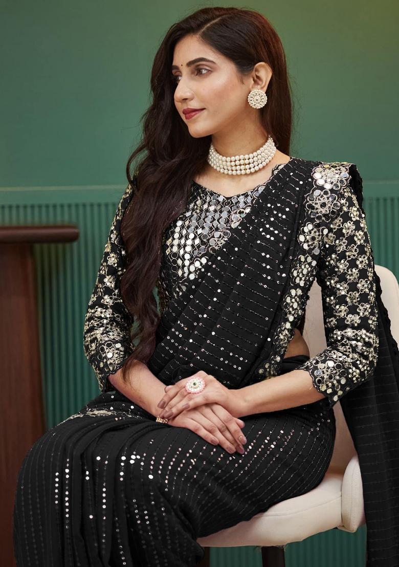 Black Sequin Embroidered Georgette Saree Set
