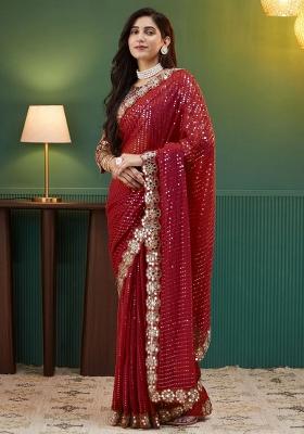 Red Sequin Embroidered Georgette Saree Set